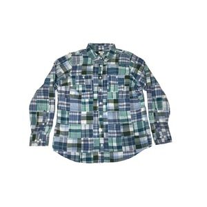 LL Bean Womens Madras Plaid Patchwork Button Up Shirt Top Roll Tab Large 501579
